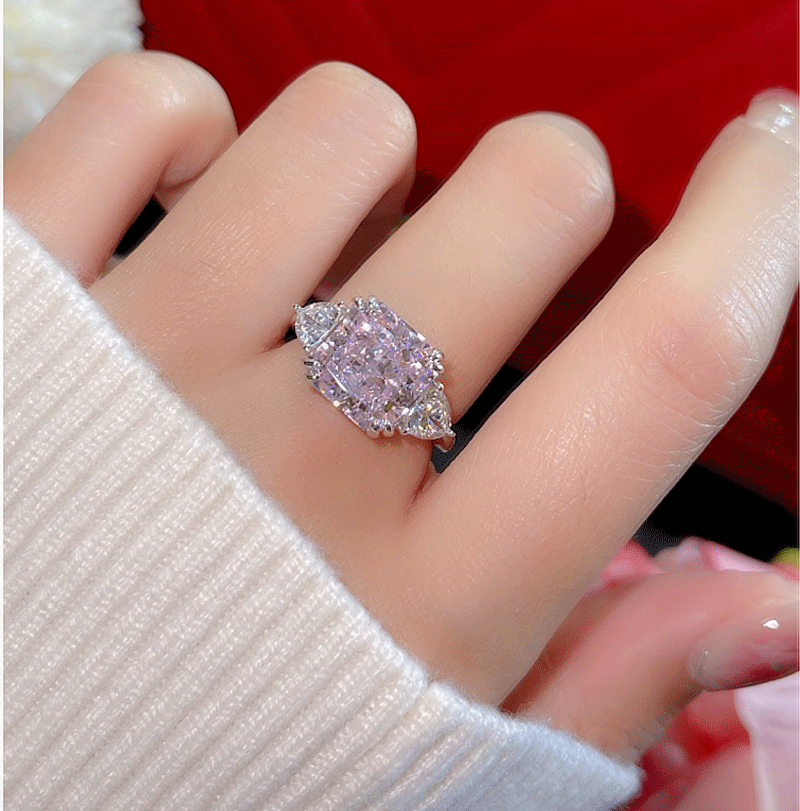 S925 sterling silver natural stone ice flower cut pink ring 18k white gold ring