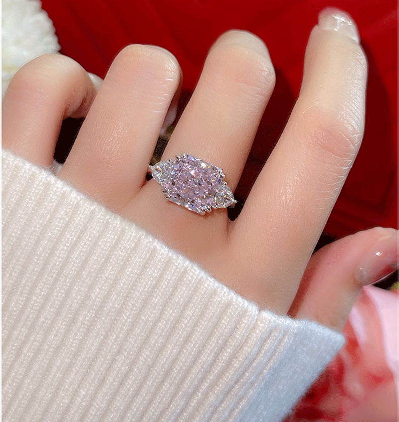 S925 sterling silver natural stone ice flower cut pink ring 18k white gold ring