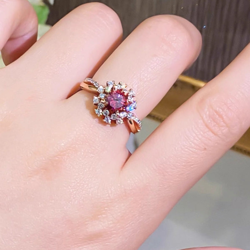 1CT Colorful Red Moissanite Flower S925 Sterling Silver Ring