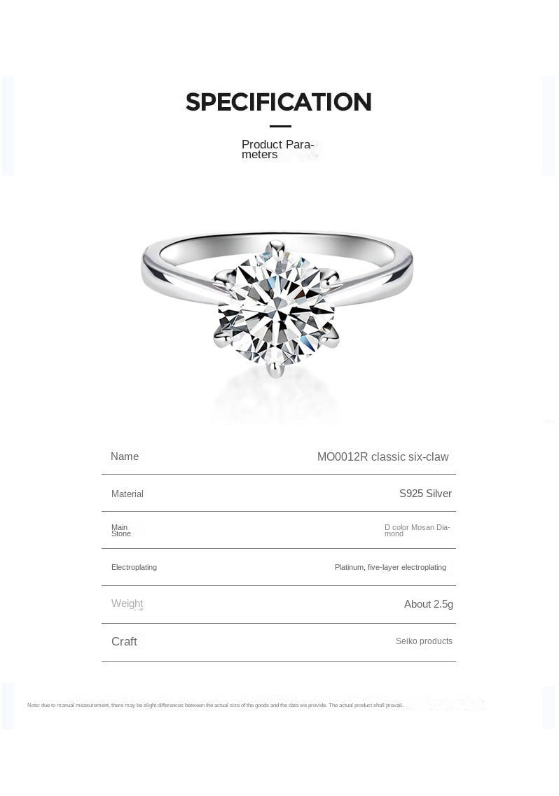 Six claw moissanite ring for women s925 sterling silver