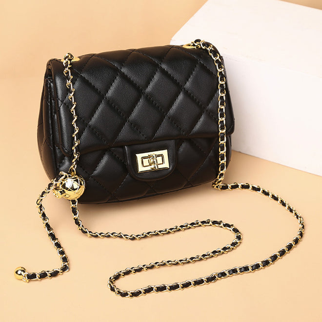 2024 new fashion genuine leather women's bags cowhide single shoulder bag versatile messenger bag small golden ball diamond chain bag