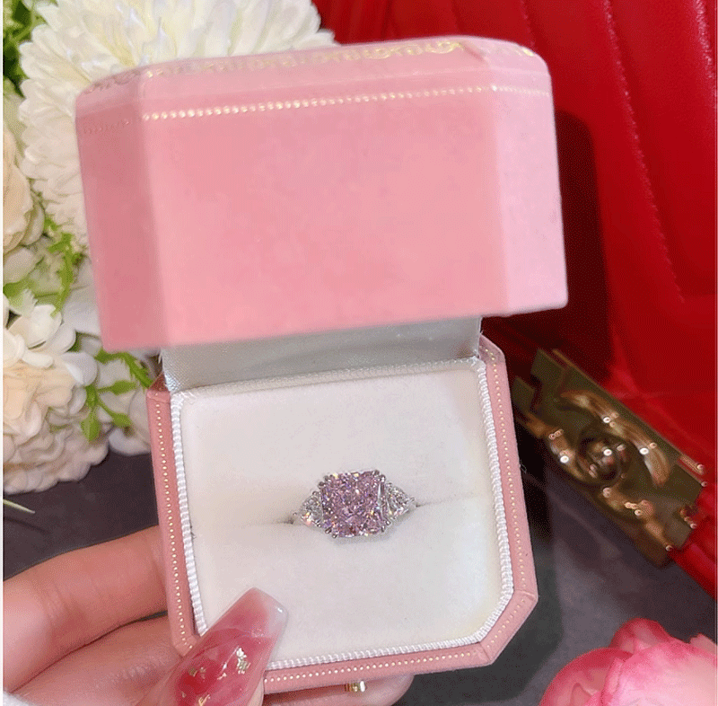 S925 sterling silver natural stone ice flower cut pink ring 18k white gold ring