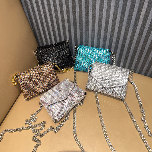 Women's bag, 2024 new rhinestone chain small square bag, shoulder and crossbody envelope bag, cute mini evening bag