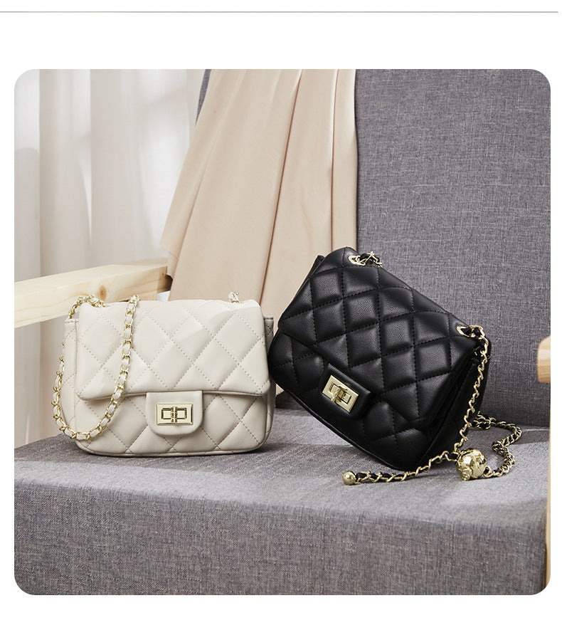 2024 new fashion genuine leather women's bags cowhide single shoulder bag versatile messenger bag small golden ball diamond chain bag