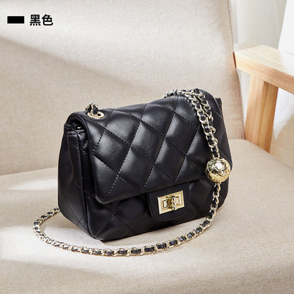 2024 new fashion genuine leather women's bags cowhide single shoulder bag versatile messenger bag small golden ball diamond chain bag