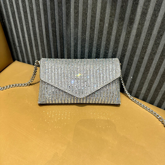 Women's bag, 2024 new rhinestone chain small square bag, shoulder and crossbody envelope bag, cute mini evening bag