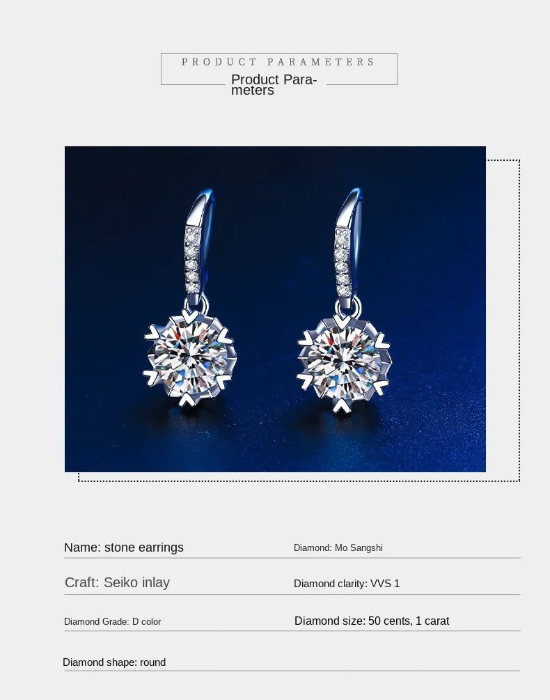 925 sterling silver moissanite snowflake ear hook earrings