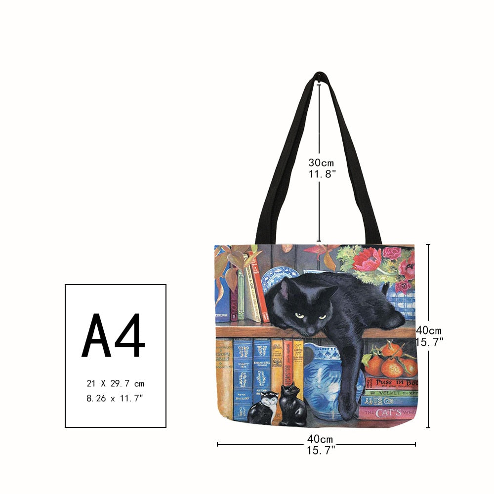 Customize Oil Painting Cat Print Womens Designer Tote Bags Linen Reusable Shopping Bag For Groceries Shoulder Bags for Lady 2022