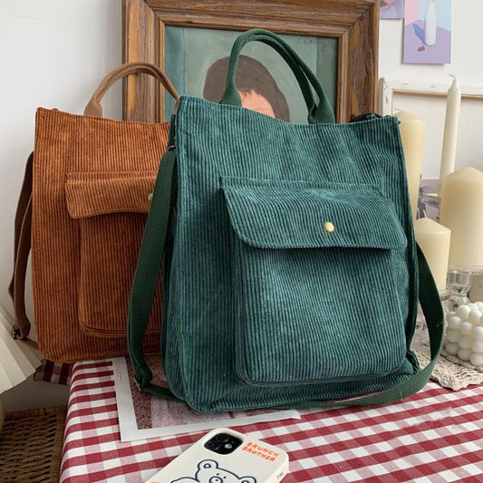 Corduroy Shoulder Bag Women Vintage Shopping Bags Zipper Girls Student Bookbag Handbags Casual Tote With Outside Pocket 2022