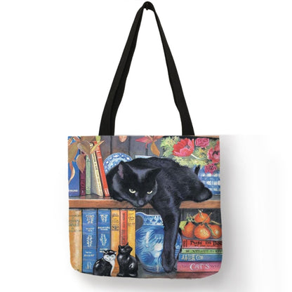 Customize Oil Painting Cat Print Womens Designer Tote Bags Linen Reusable Shopping Bag For Groceries Shoulder Bags for Lady 2022