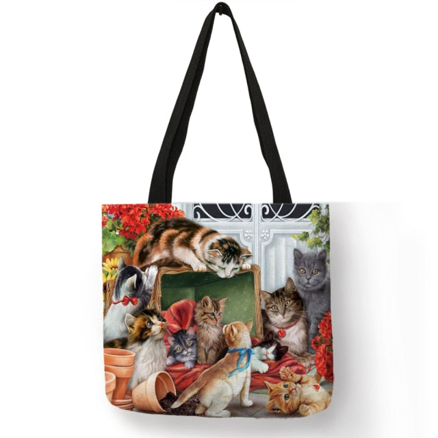 Customize Oil Painting Cat Print Womens Designer Tote Bags Linen Reusable Shopping Bag For Groceries Shoulder Bags for Lady 2022