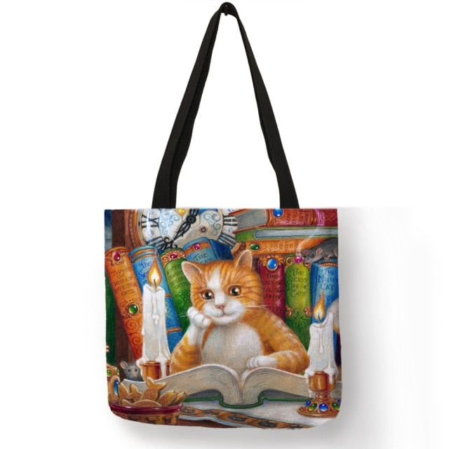 Customize Oil Painting Cat Print Womens Designer Tote Bags Linen Reusable Shopping Bag For Groceries Shoulder Bags for Lady 2022