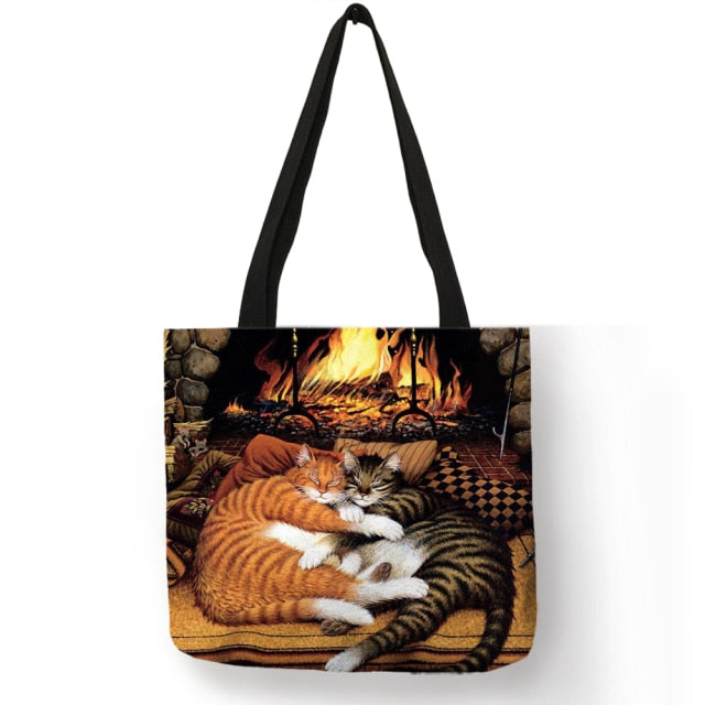 Customize Oil Painting Cat Print Womens Designer Tote Bags Linen Reusable Shopping Bag For Groceries Shoulder Bags for Lady 2022