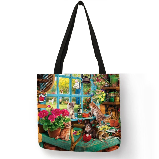 Customize Oil Painting Cat Print Womens Designer Tote Bags Linen Reusable Shopping Bag For Groceries Shoulder Bags for Lady 2022