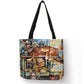 Customize Oil Painting Cat Print Womens Designer Tote Bags Linen Reusable Shopping Bag For Groceries Shoulder Bags for Lady 2022