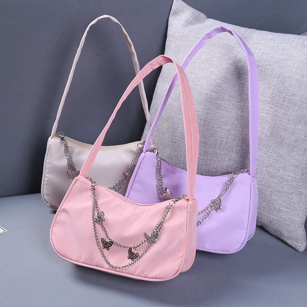 Fashion Women PU Leather Small Shoulder Underarm Bag Ladies Vintage Butterfly Chain Pure Color Zipper Mini Purse Handbag